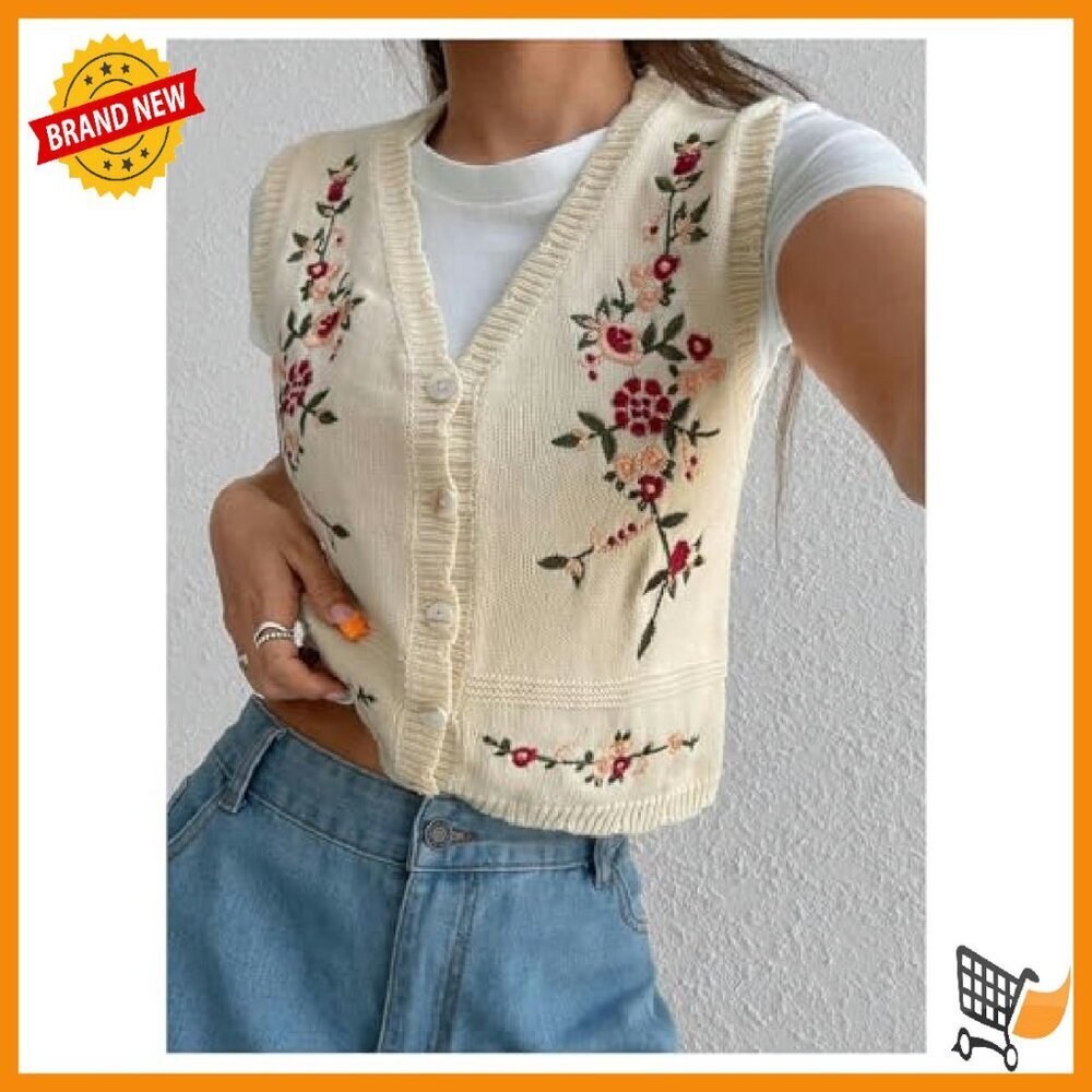 Women's Boho Flower Embroidered V-Neck Sleeveless Cardigan Vest Size Small - Picture 6 of 8